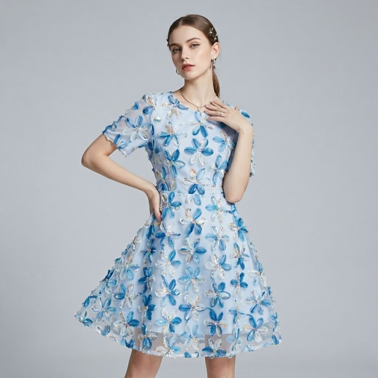 3D Sequin Floral Appliqué Dress