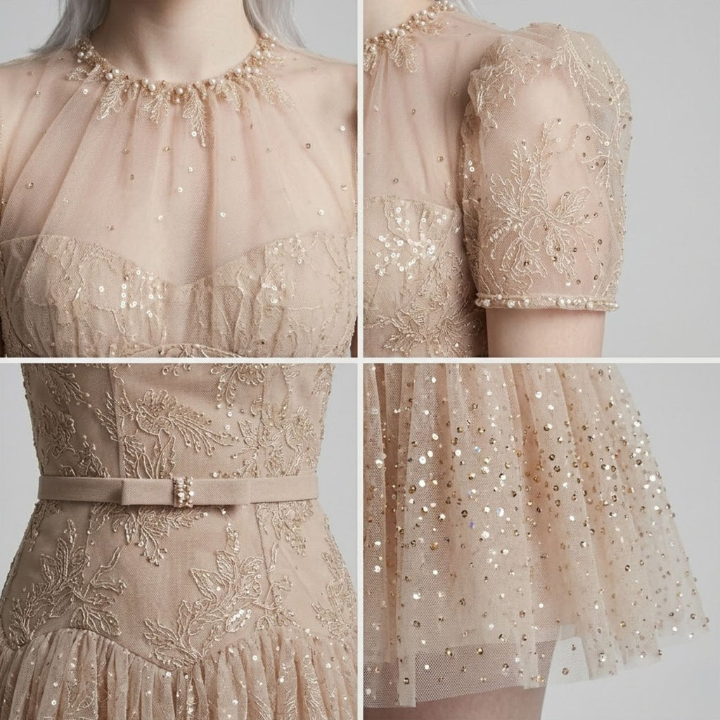uff Sleeve Lace Embroidered Dress
