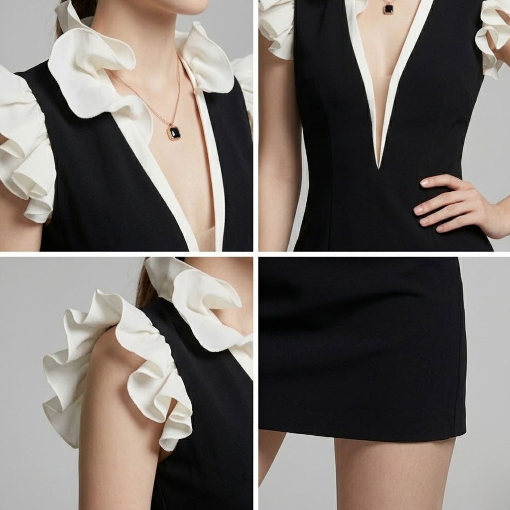 Ruffled Cap Sleeve Deep V-Neck Dress