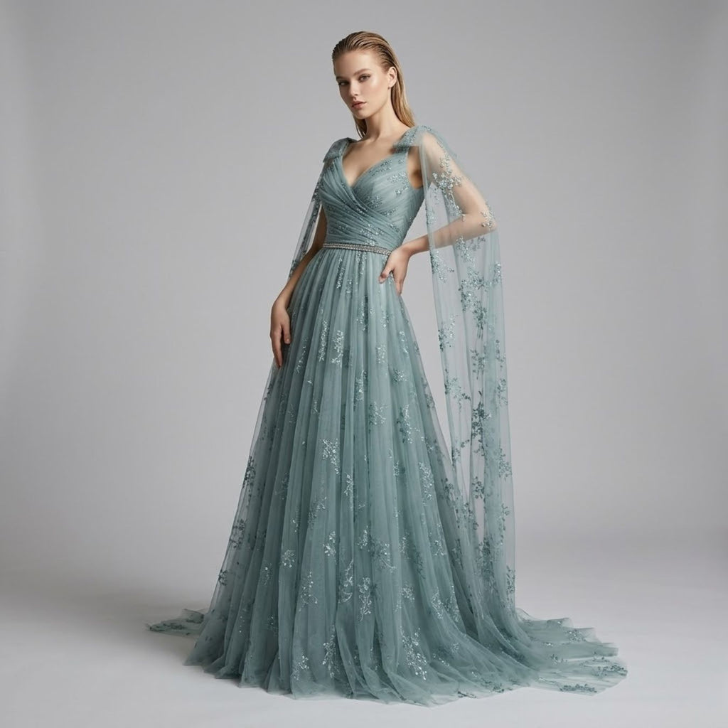 Embellished Cape Sleeves Tulle Evening Dress（Customized Models）