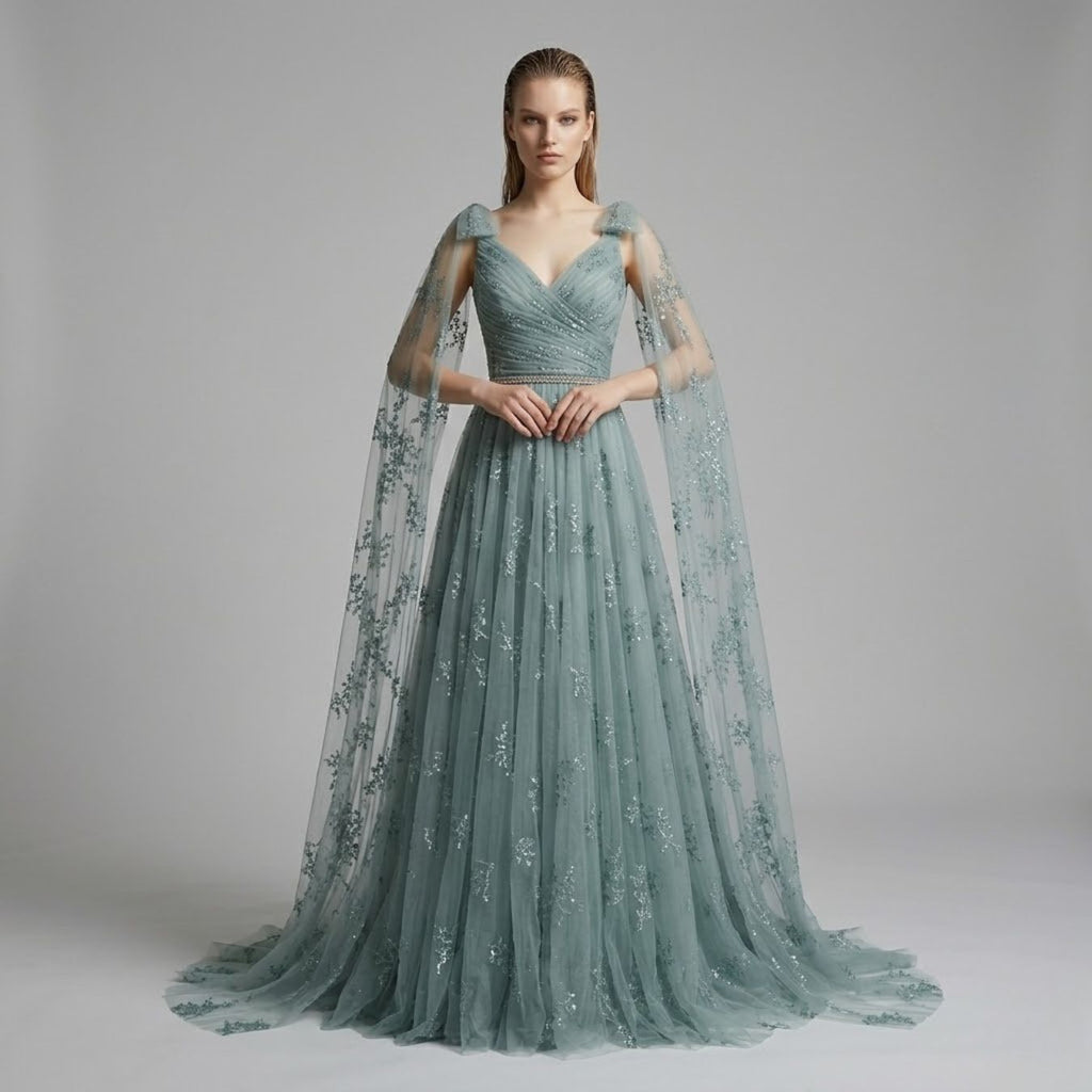 Embellished Cape Sleeves Tulle Evening Dress（Customized Models）
