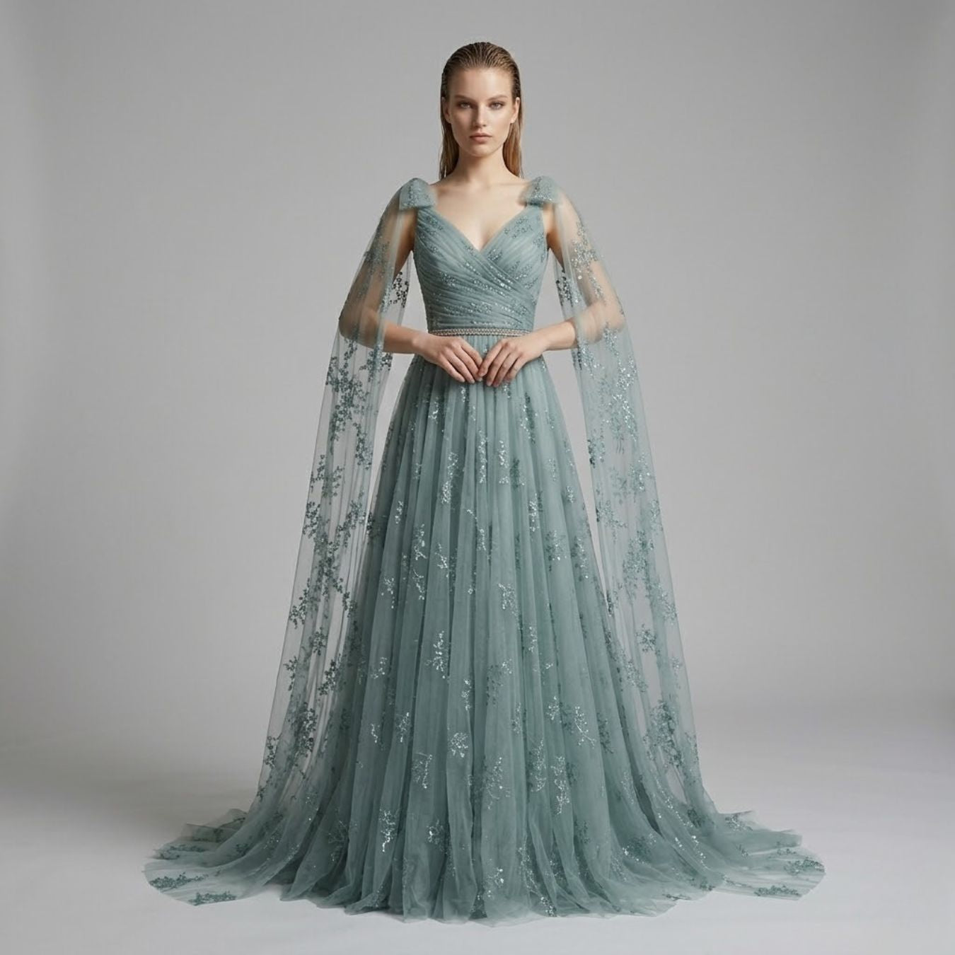 Embellished Cape Sleeves Tulle Evening Dress（Customized Models）