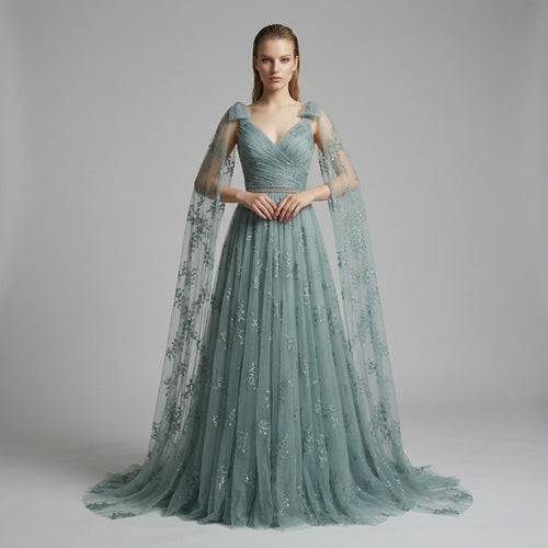 Embellished Cape Sleeves Tulle Evening Dress（Customized Models）
