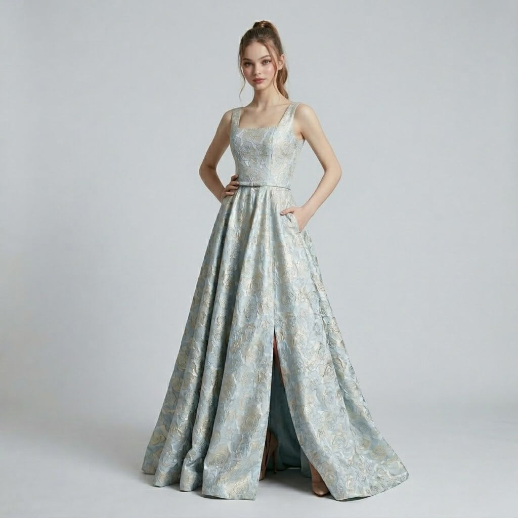 Square Neck Floral Jacquard  Evening Dress （Customized models）