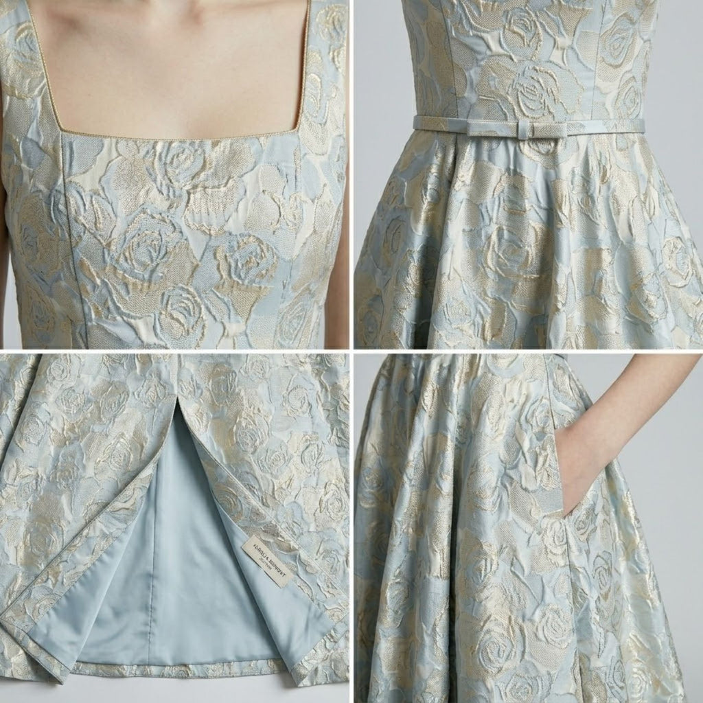Square Neck Floral Jacquard  Evening Dress （Customized models）