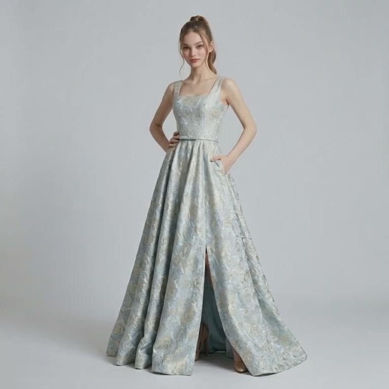 Square Neck Floral Jacquard  Evening Dress （Customized models）