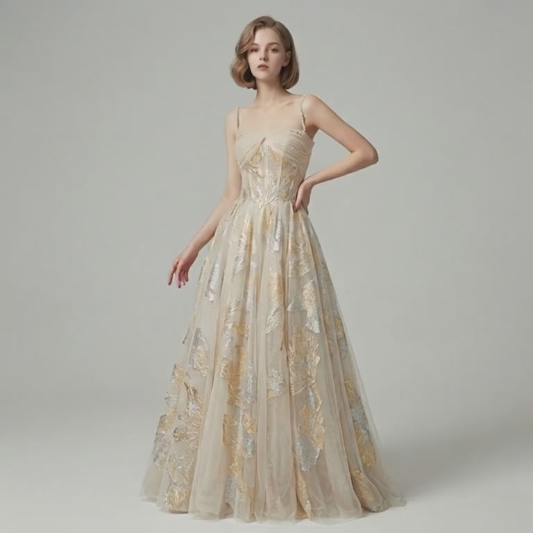 Sequin & Beaded Spaghetti Strap Evening Dress