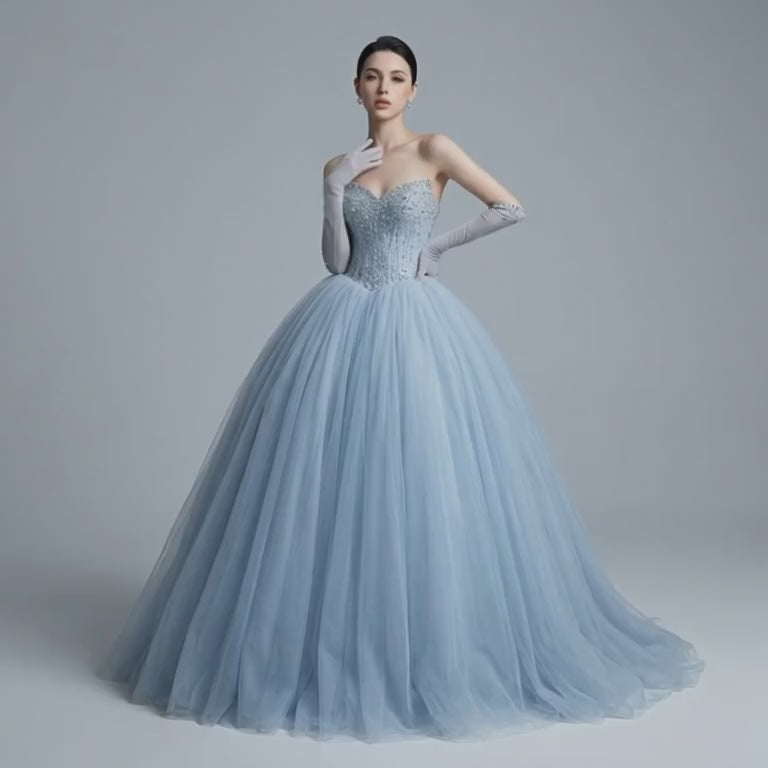 Crystal Embellished Strapless Tulle Evening Dress