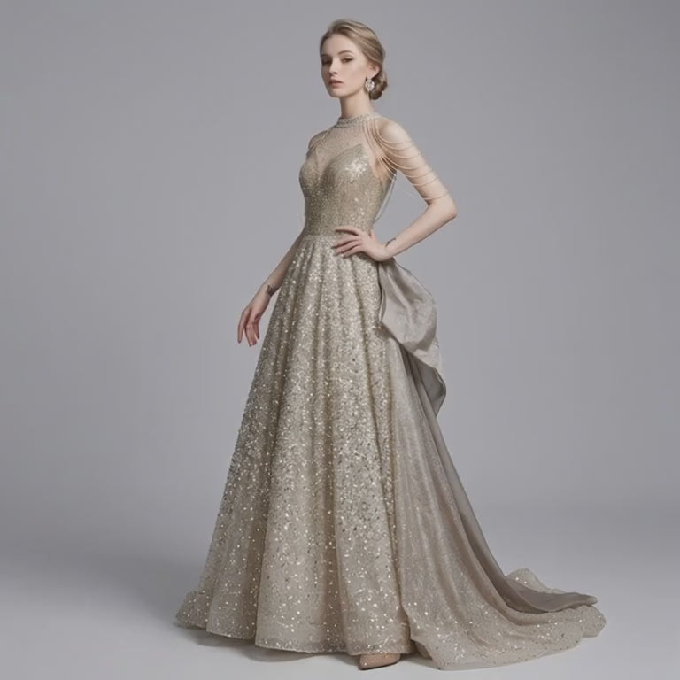 Halter Neck Beaded & Sequin Evening Dress