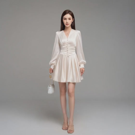French Lantern Sleeve V-Neck Dress