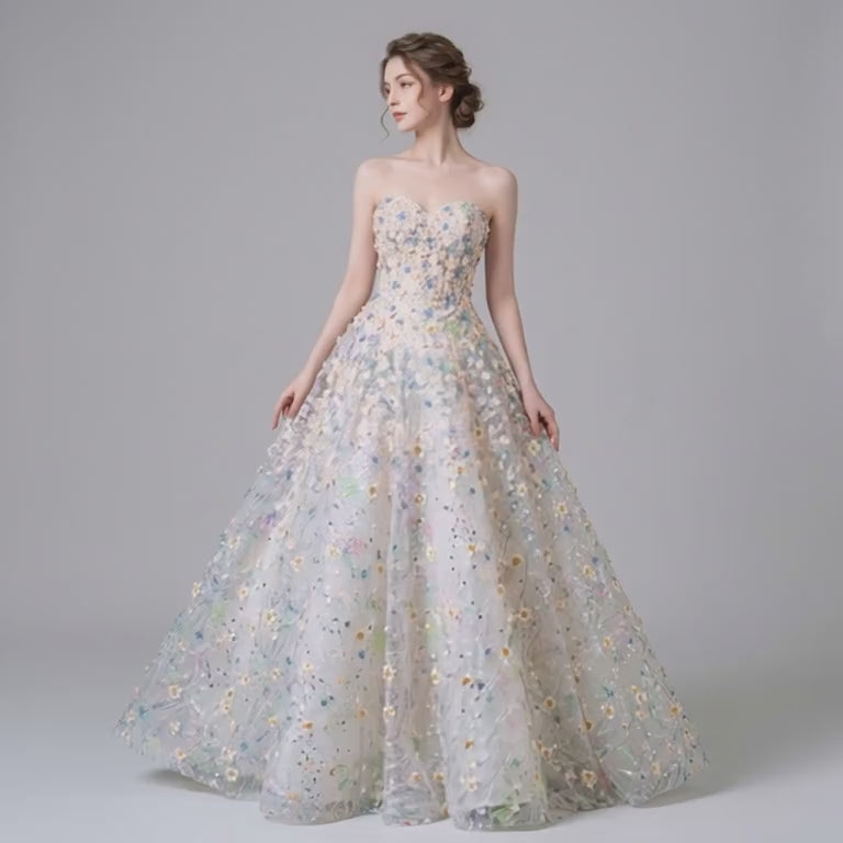 Strapless Floral Appliqué Evening Dress