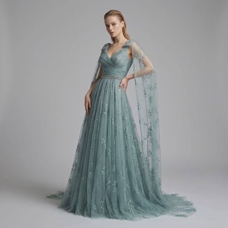 Embellished Cape Sleeves Tulle Evening Dress（Customized Models）
