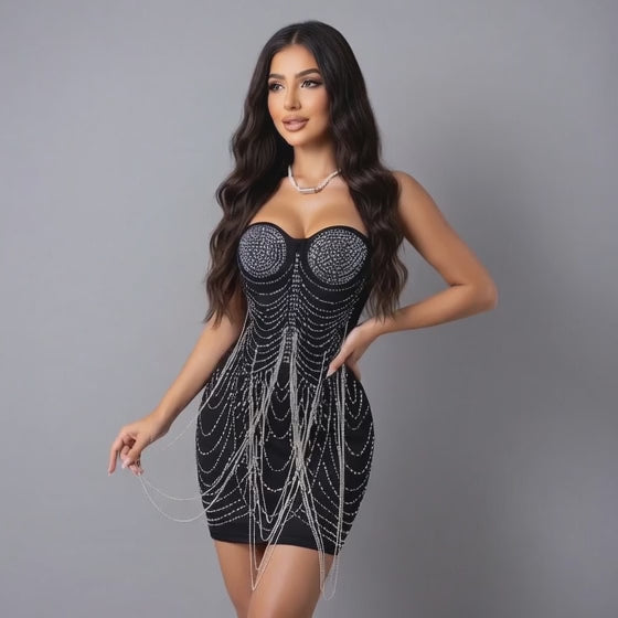 Rhinestone Chain Fringe Spaghetti Strap Bodycon Dress