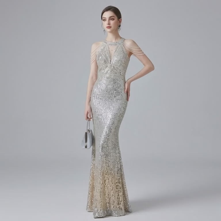 Heavy-Embellished Halter Mermaid Evening Dress