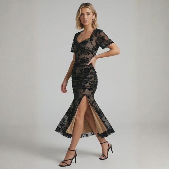 Velvet Flocked Floral Ruched Mermaid Dress