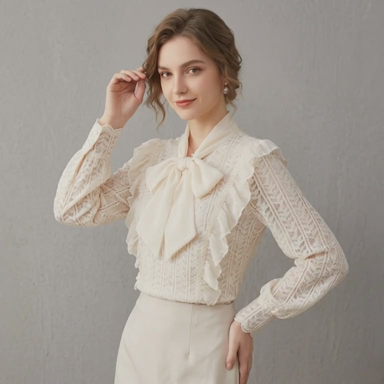 Bow Tie Long‑Sleeve Lace Blouse