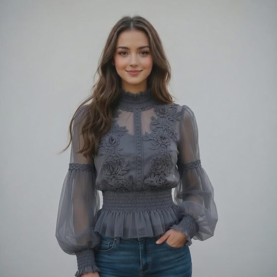 3D Floral Lantern Sleeve Sheer Blouse