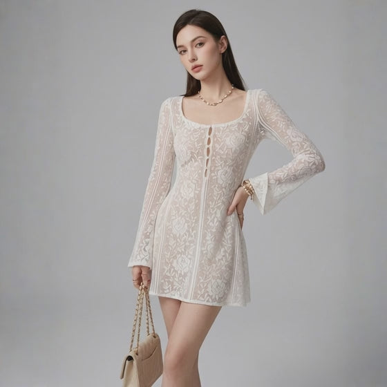 Bell Sleeve Hollow Lace Embroidery Dress