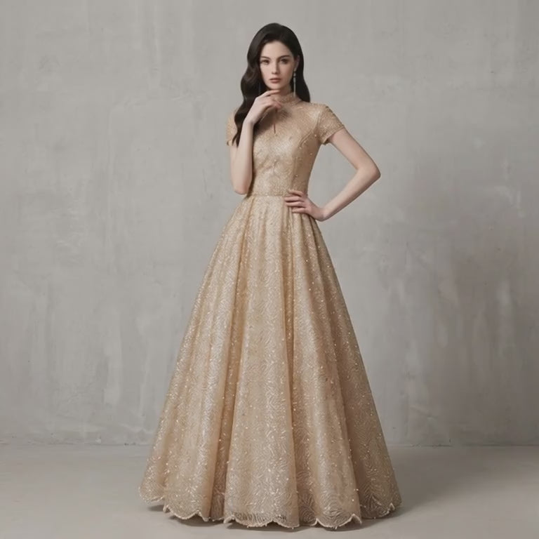Scalloped Hem Embroidered High-Neck Evening Dress
