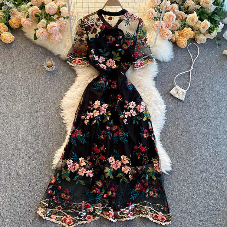 #5150 Bow-neck embroidered flower dress