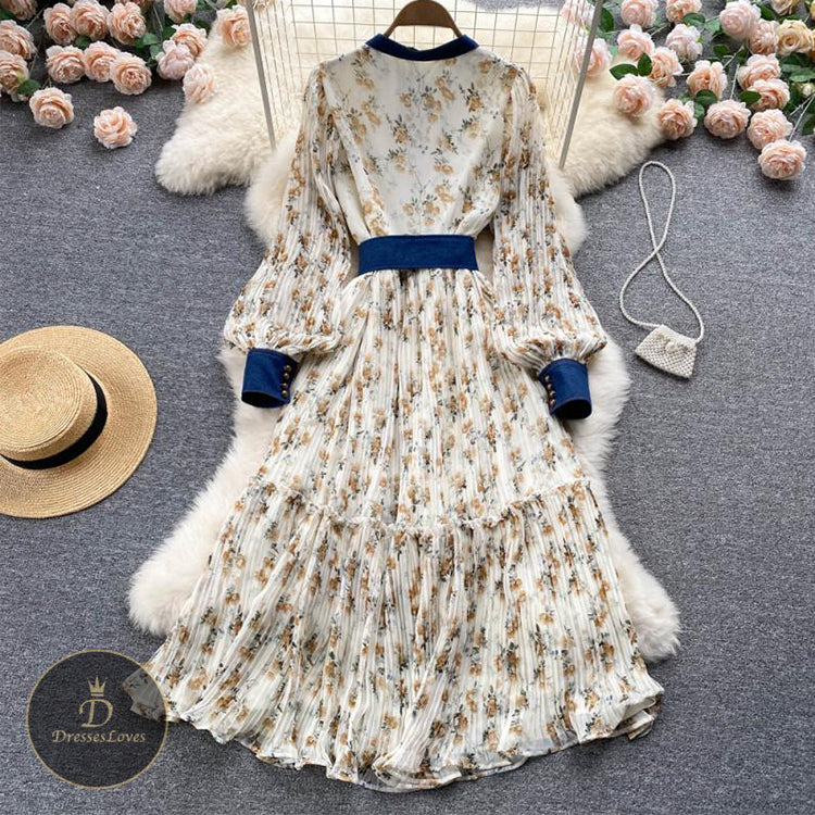 #5399 SINGLE - BREASTED FLORAL CHIFFON DRESS