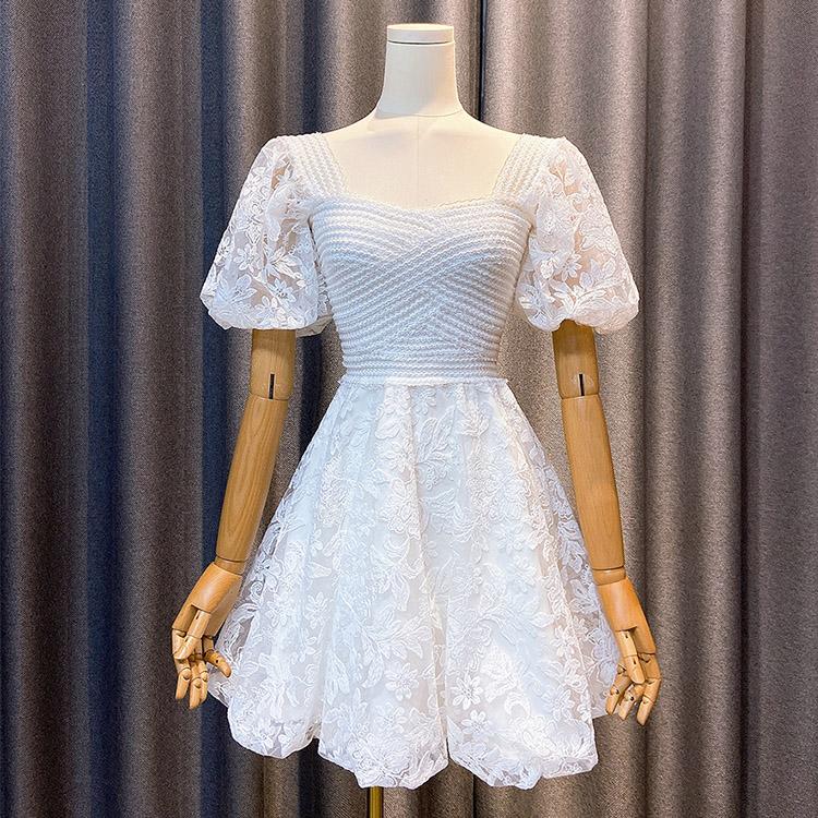#7429 PUFF SLEEVE STITCHING FLORAL LACE DRESS